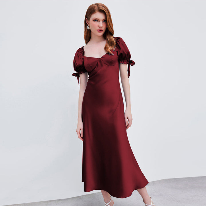 Damen Midi-Kleid mit eleganten Puffärmeln und schickem V-Ausschnitt Drune