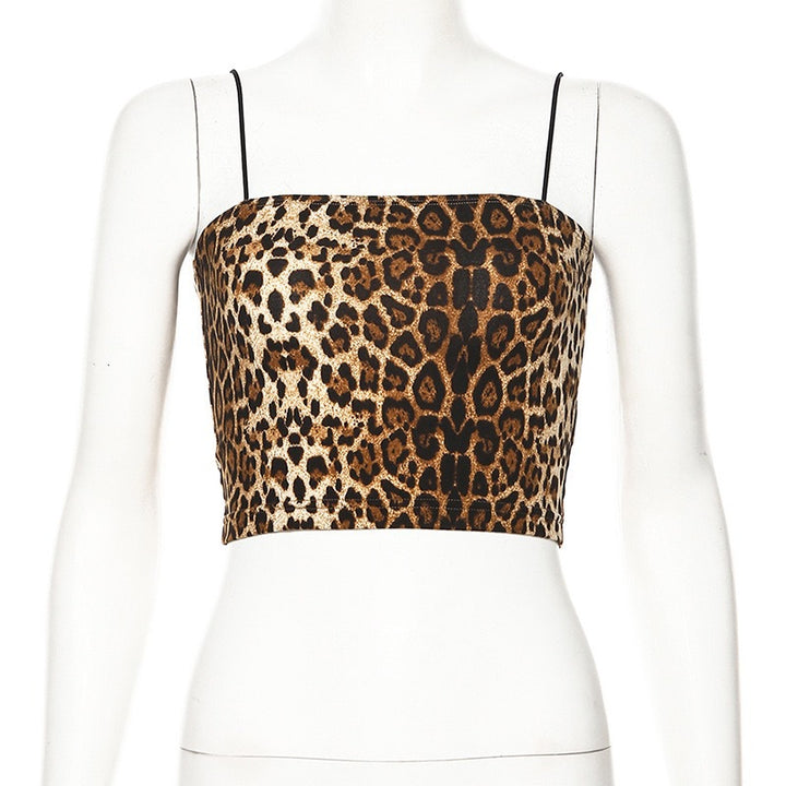 Damen trendiges Crop-Top mit animalischem Print und schmalen Spaghetti-Trägern Drune