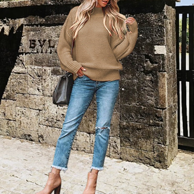 Damen Grobstrickpullover mit hohem Kragen und Ballonärmeln Drune