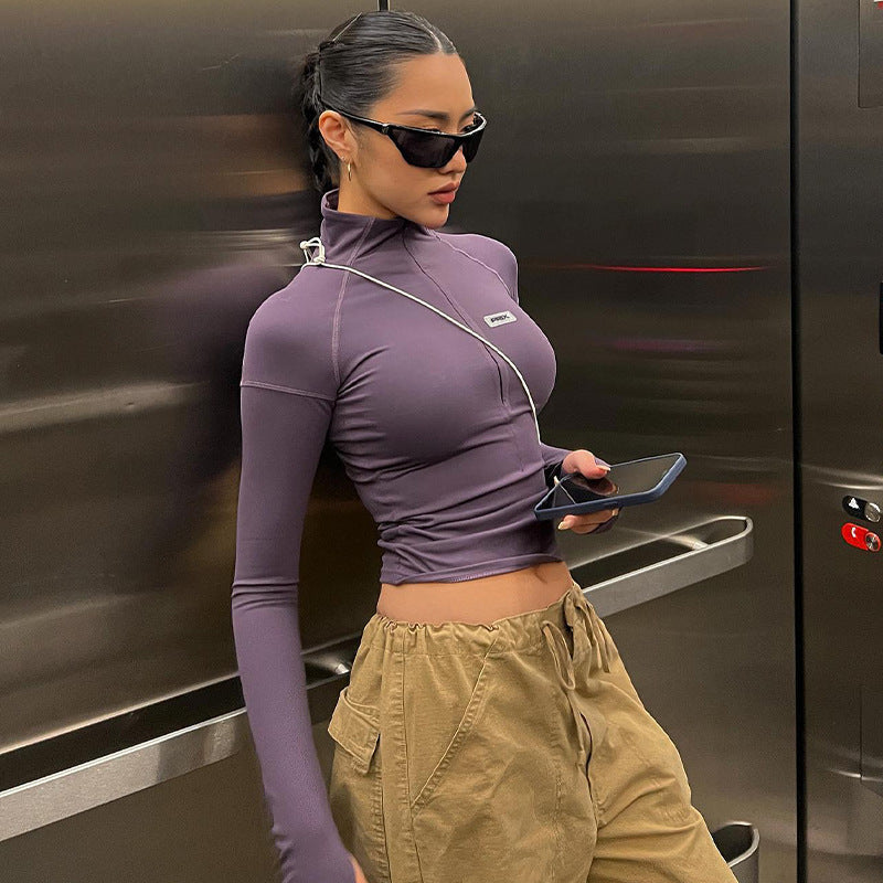 Damen nan figurbetontes Langarm-Zip-Top mit tiefem V-Ausschnitt und elastischem Funktionsstretch Drune