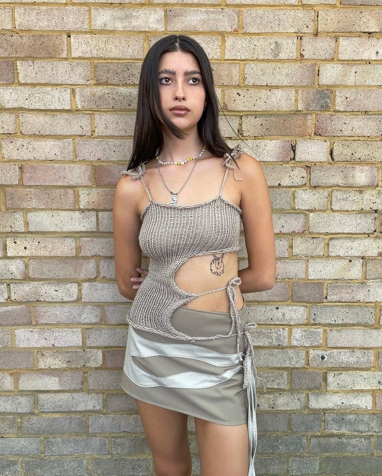 Damen gehäkeltes Top mit offenen Details und raffinierten Schnürungen Drune