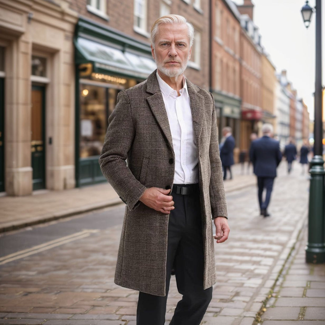Herren eleganter klassischer Karomantel mit doppelter Knopfreihe Drune
