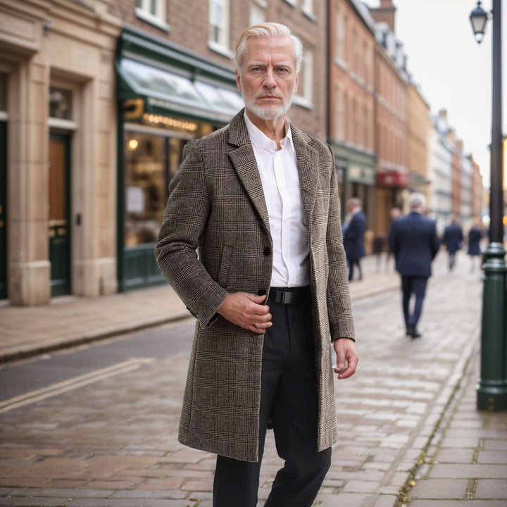 Herren eleganter klassischer Karomantel mit doppelter Knopfreihe Drune
