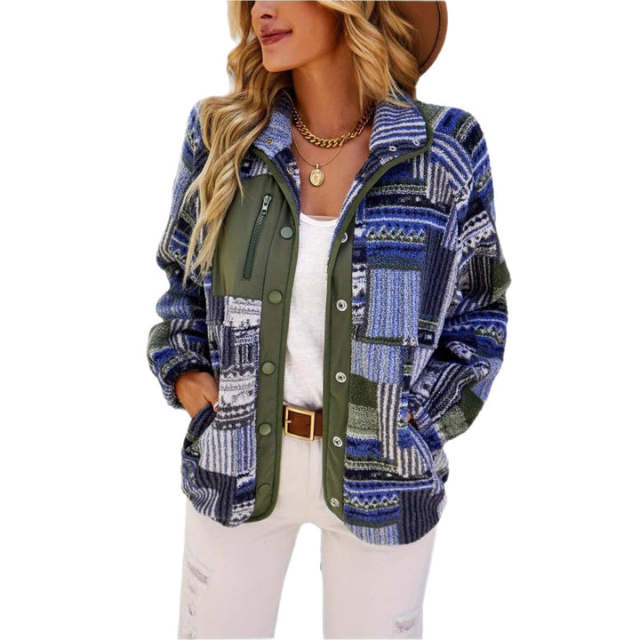 Damen Gemusterte Plüschjacke mit hohem Kragen und Druckknopfverschluss Drune