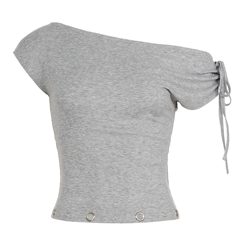 Damen asymmetrisches Oberteil mit dekorativen Schnürdetails und metallischen Ösen Drune
