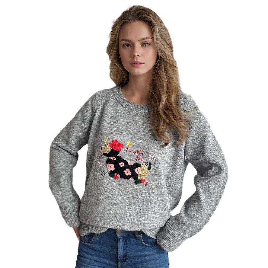 Damen Pullover mit tierischem Motiv und dekorativen Stickereien Drune