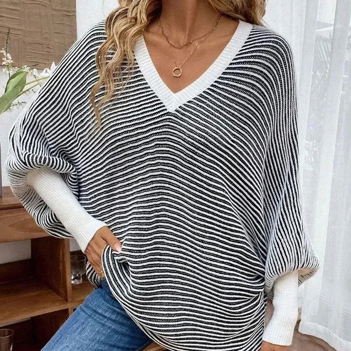 Damen Strickpullover im modernen Streifenlook mit V-Ausschnitt Drune
