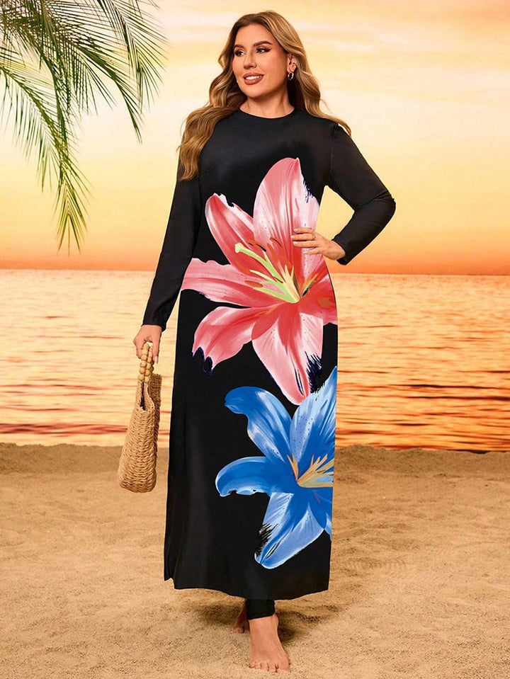 Damen Langärmliges Strandkleid mit floralem Druck Drune