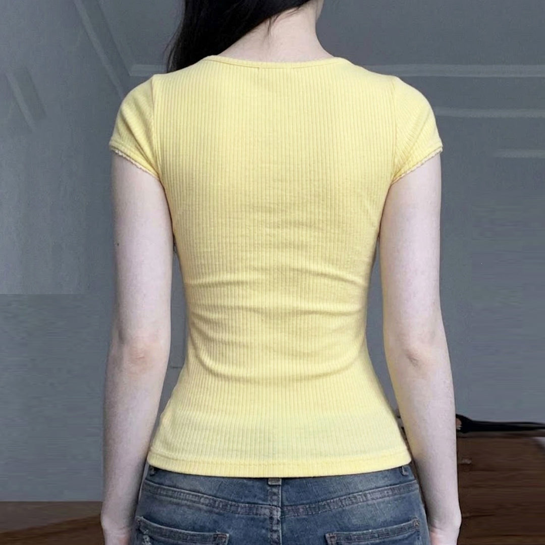 Damen Sexy Spitze Oberteil mit charmantem Dekolleté und feiner Rippstruktur Drune