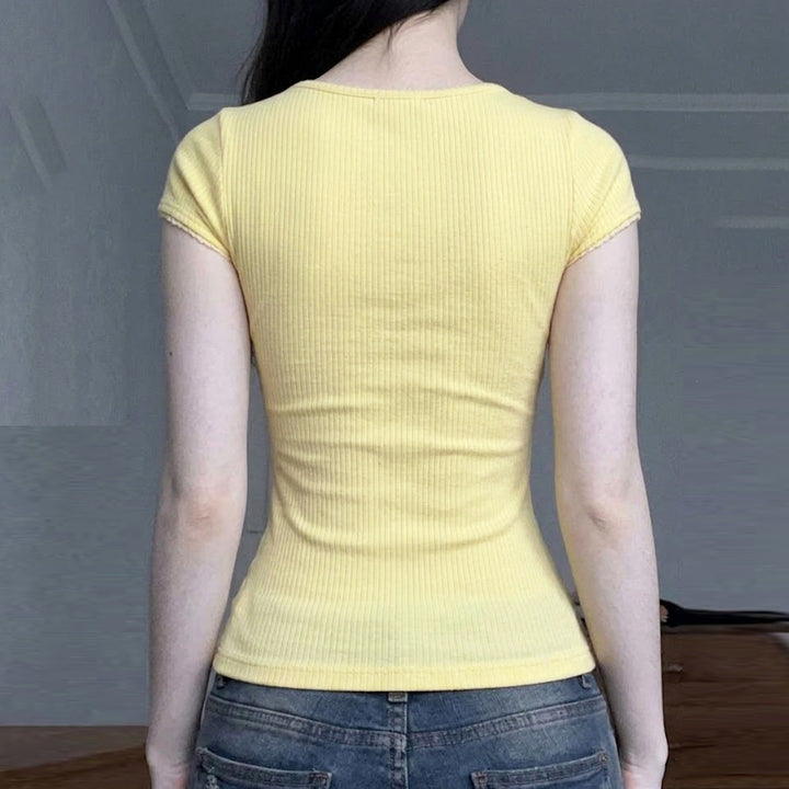 Damen Sexy Spitze Oberteil mit charmantem Dekolleté und feiner Rippstruktur Drune