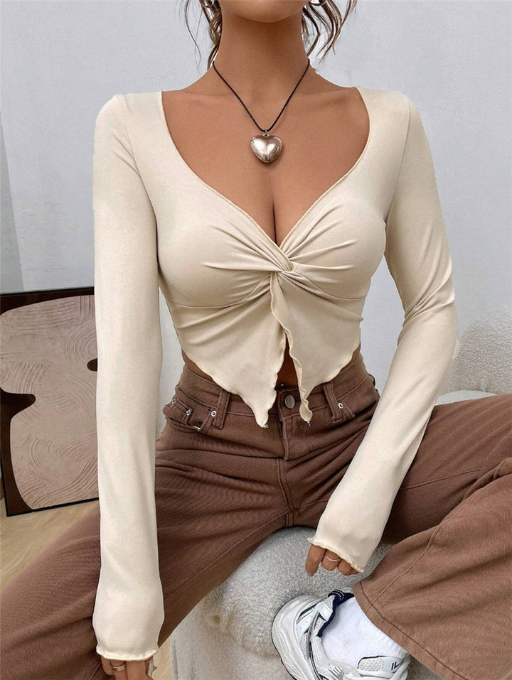 Damen figurbetontes Langarmshirt mit trendy Knotendetail Drune