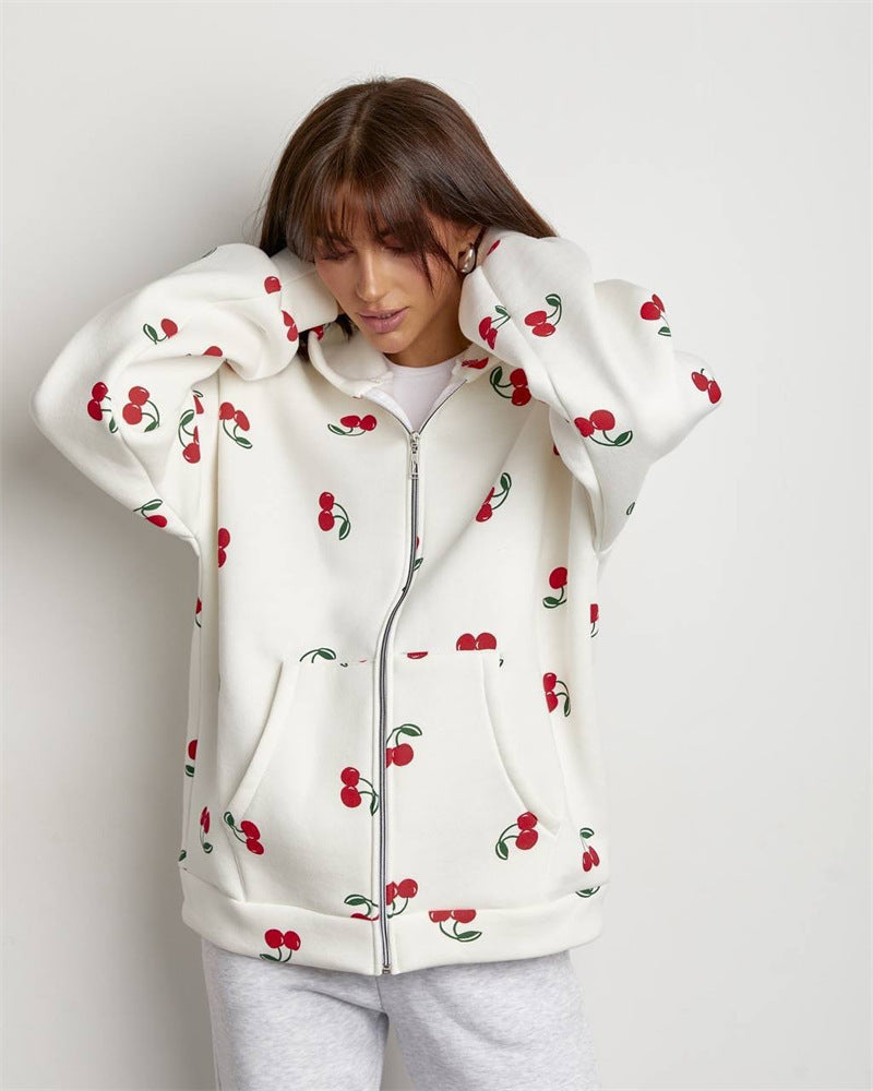 Damen Freizeit Hoodie mit frischem Kirschmuster und praktischer Kapuze Drune