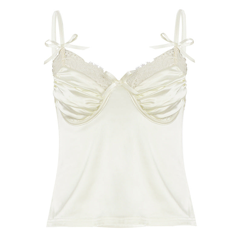 Damen Satin-Camisole mit Spitze und verspielten Schleifen Drune