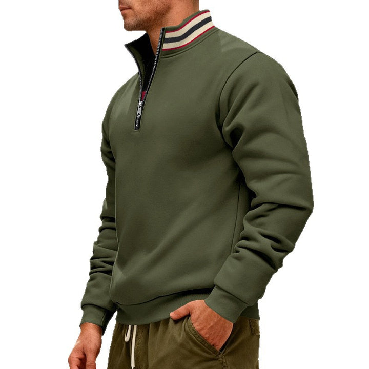 Herren nan Stehkragen-Halbzip-Sweatshirt aus Baumwollfleece mit Kontraststreifen am Kragen und gerippten Bündchen Drune