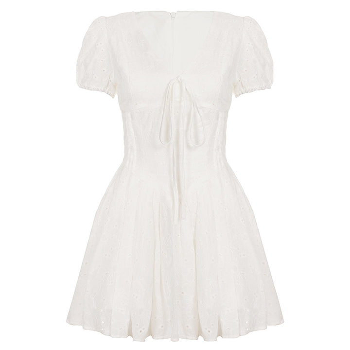 Damen Kurzärmeliges Sommerkleid mit raffinierten Rüschendetails und Bindeband Drune
