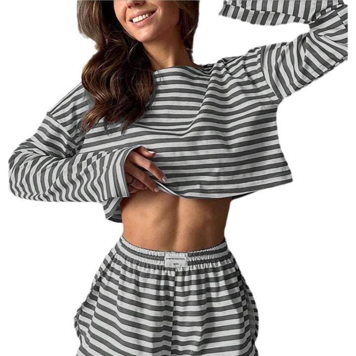 Damen lässiges gestreiftes Lounge-Set mit cropped Oberteil und Shorts Drune