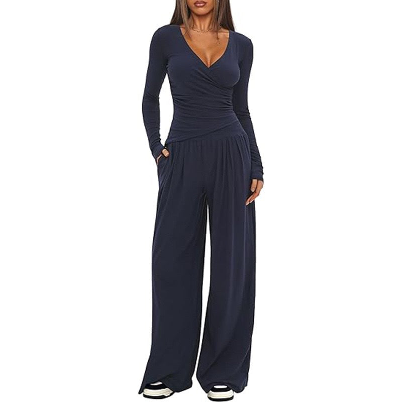 Damen Eleganter Wickel-Jumpsuit mit weitem Bein und modischen Details Drune
