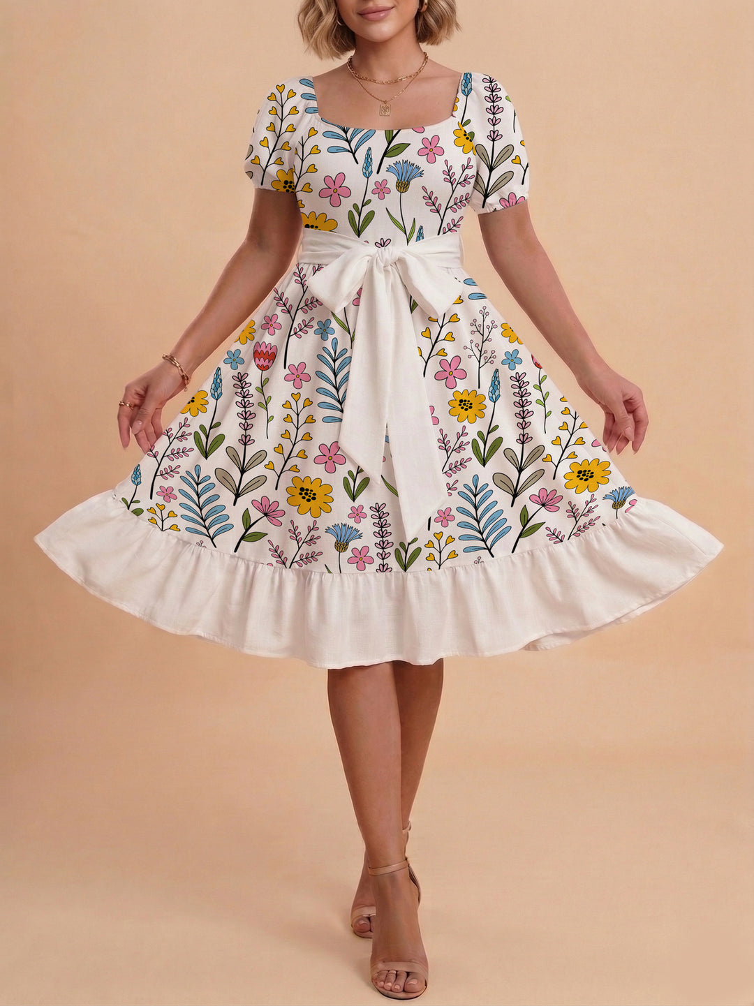Damen Sommerkleid mit floralem Puffärmel und taillierbarem Gürtel Drune