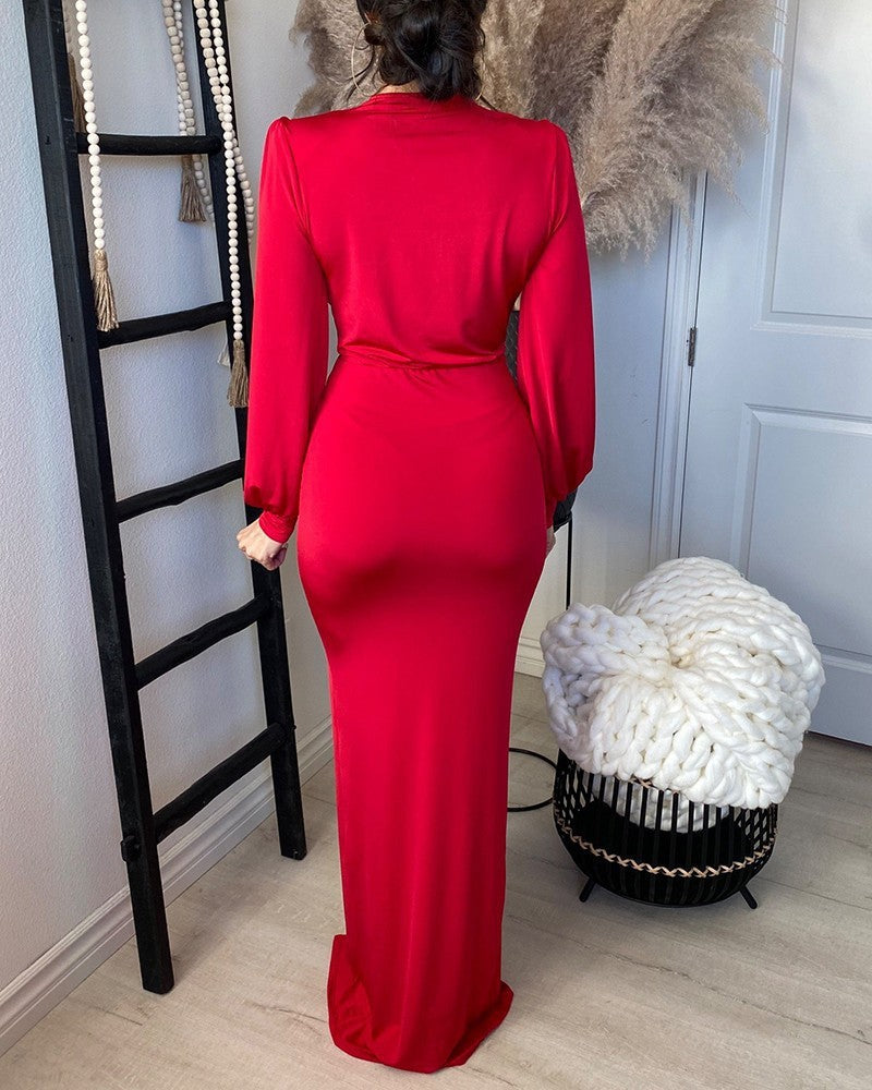 Damen Elegantes Abendkleid mit tiefem V-Ausschnitt und Schlitz Drune