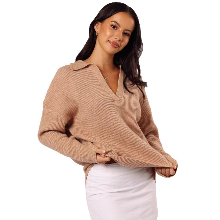 Damen lässiger Oversized-Pullover mit V-Ausschnitt und feiner Rippenstruktur Drune