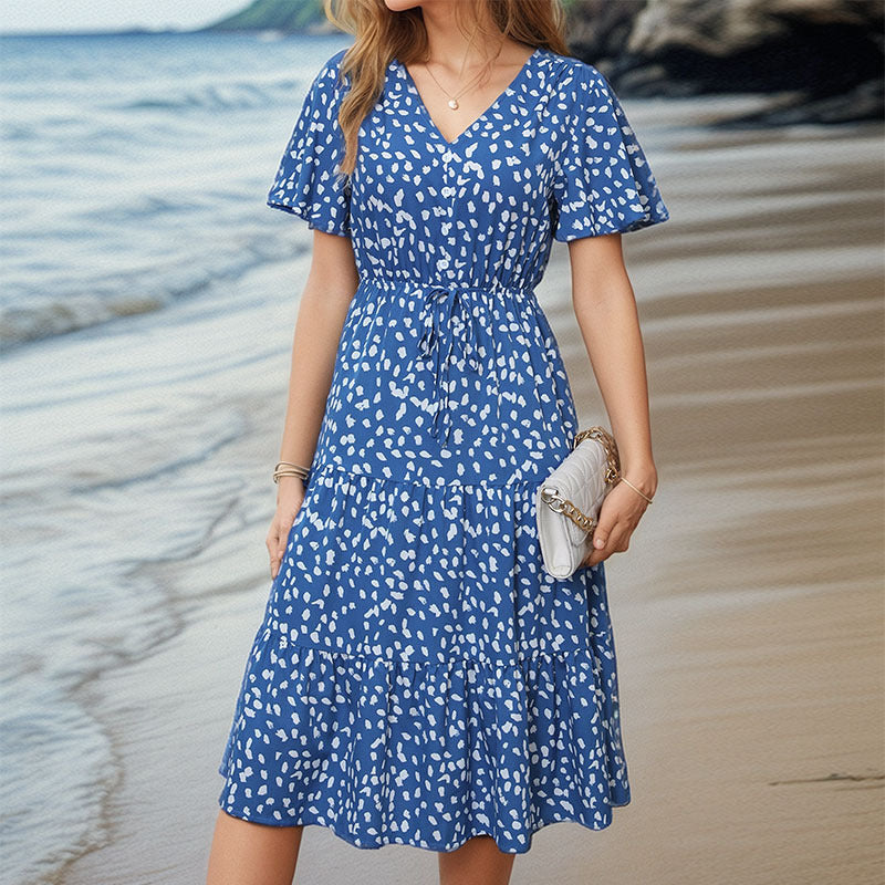 Damen Midi-Kleid mit Puffärmeln und modischem Punktmuster Drune