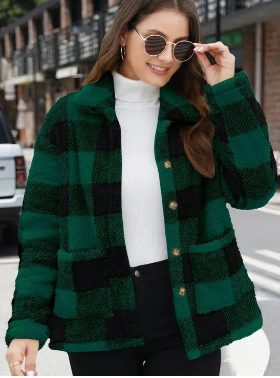 Damen nan gefütterte Karo Teddy-Fleece Shacket mit Knopfleiste und aufgesetzten Taschen Drune