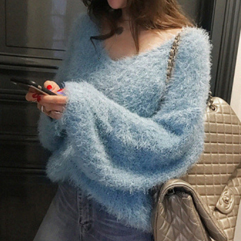 Damen kuscheliger V-Ausschnitt Pullover mit weich flauschiger Textur Drune