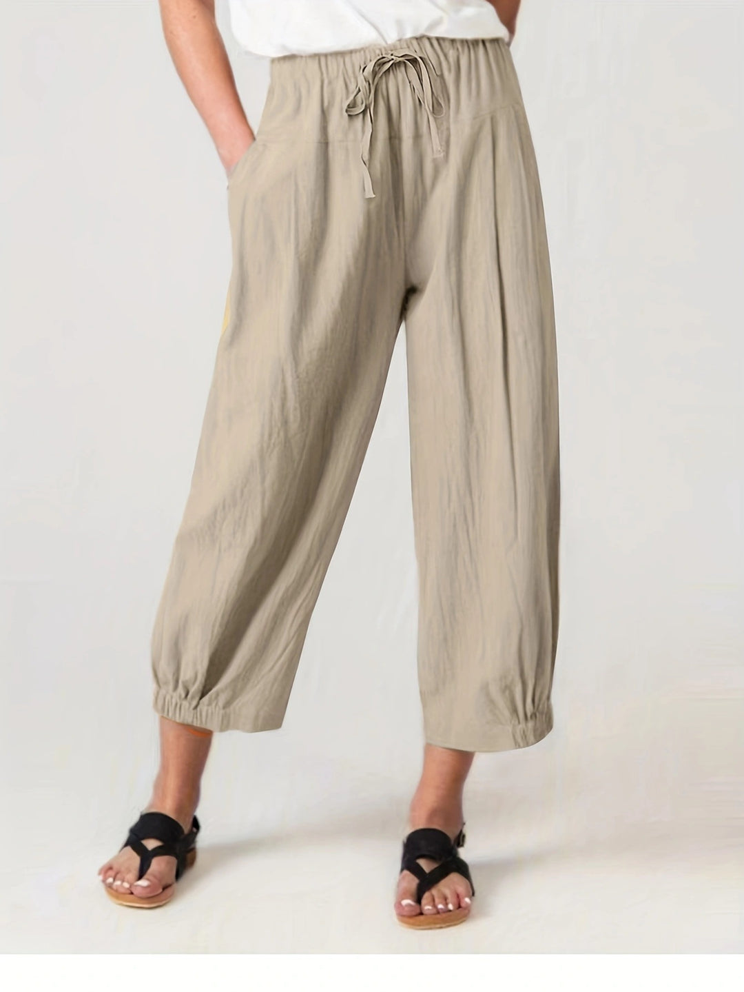 Damen weite Leinenhose mit elastischem Bund und praktischen Taschen Drune