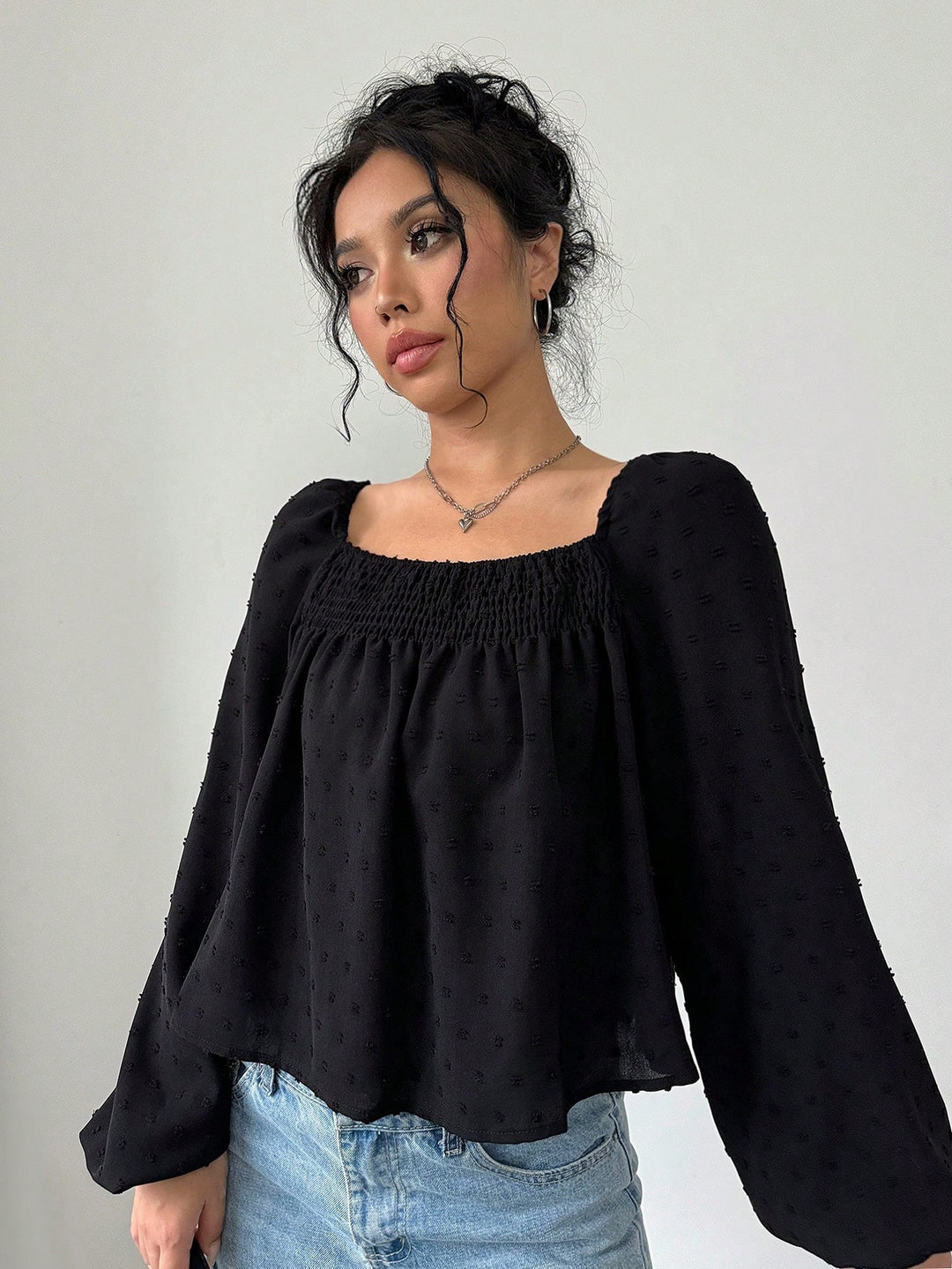 Damen elegante Bluse mit luftigen Puffärmeln und strukturierter Oberfläche Drune