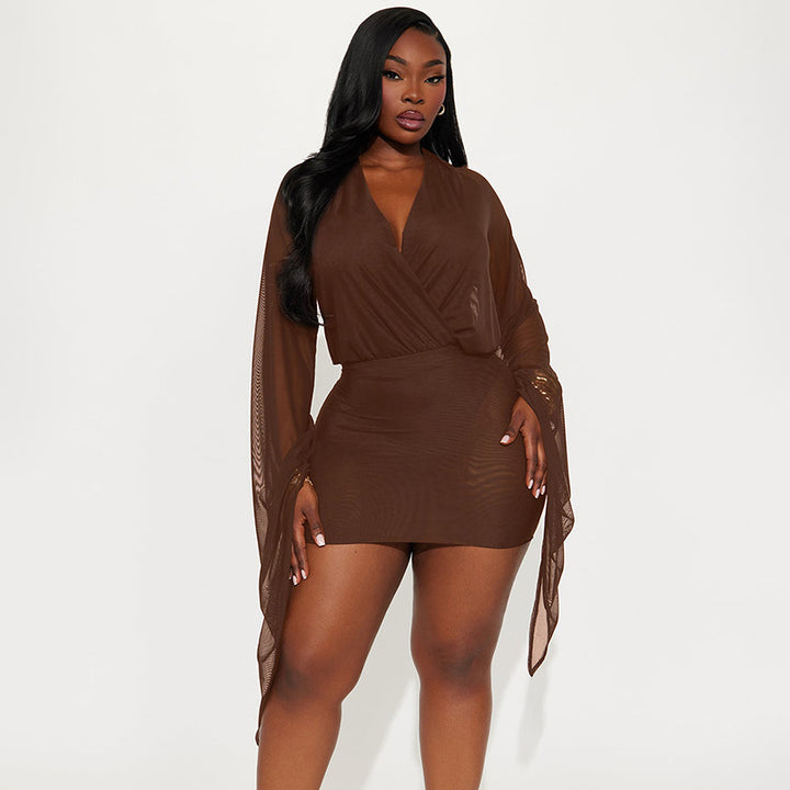 Damen Wickelkleid mit transparenten Ärmeln Drune