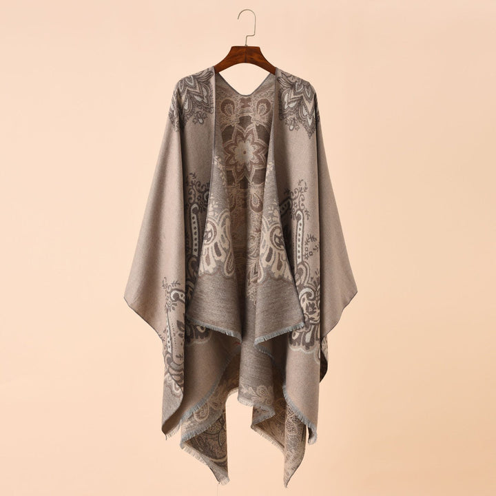 Damen Eleganter Kimono-Poncho mit kunstvollem Muster und fransigen Kanten Drune