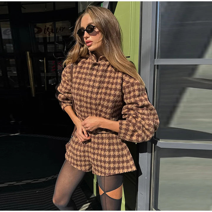 Damen Modische Jacke mit Puffärmeln und Karomuster Drune