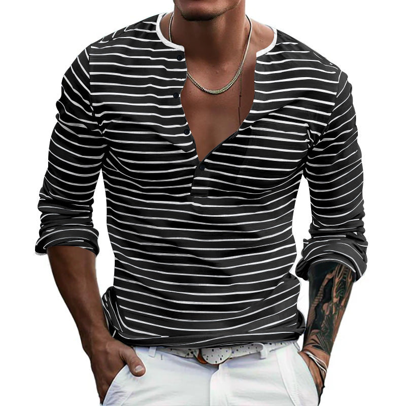 Herren Langarm-Henley-Shirt mit modischen Streifen und praktischen Knöpfen Drune