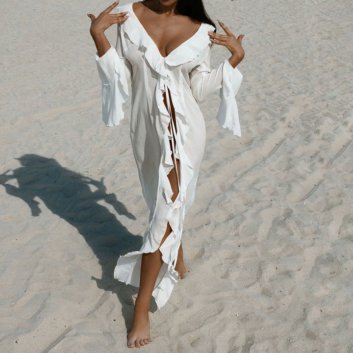 Damen elegantes Strandkleid mit Rüschen und tiefem Schlitz Drune