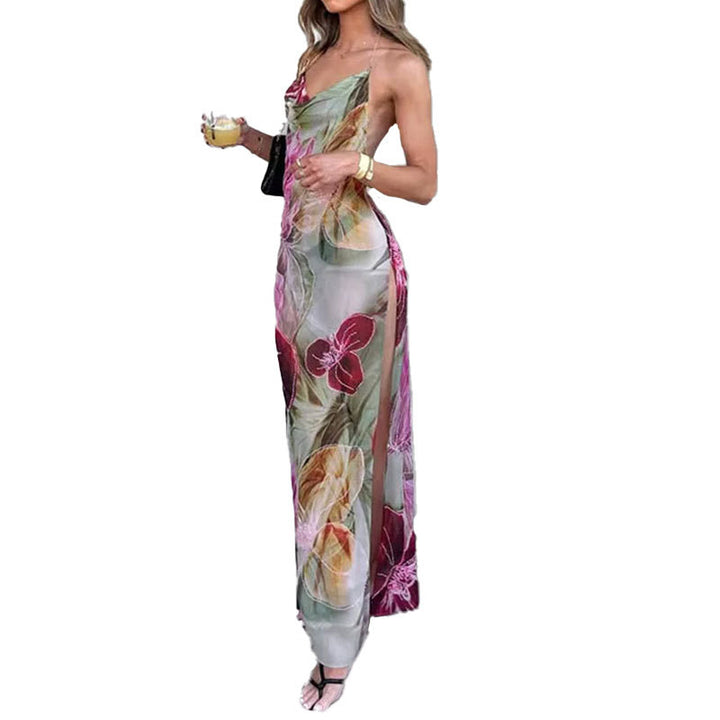 Damen Maxikleid mit transparentem Blumenmuster und schlanker Silhouette Drune