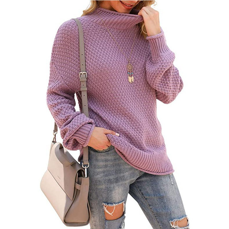 Damen Grobstrickpullover mit hohem Kragen und bequemen Ärmeln Drune