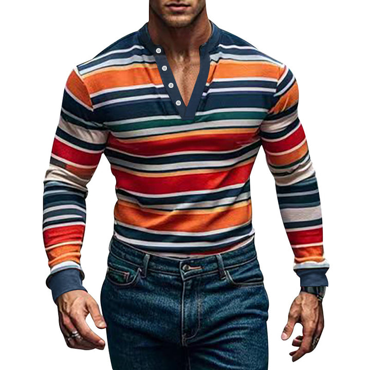 Herren nan gestreiftes Langarm-Henleyshirt mit Stehkragen und Knopfleiste Drune