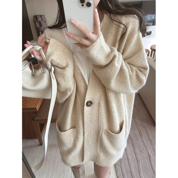 Damen kuschelige Strickjacke mit großen Taschen und durchgehendem Knopfverschluss Drune