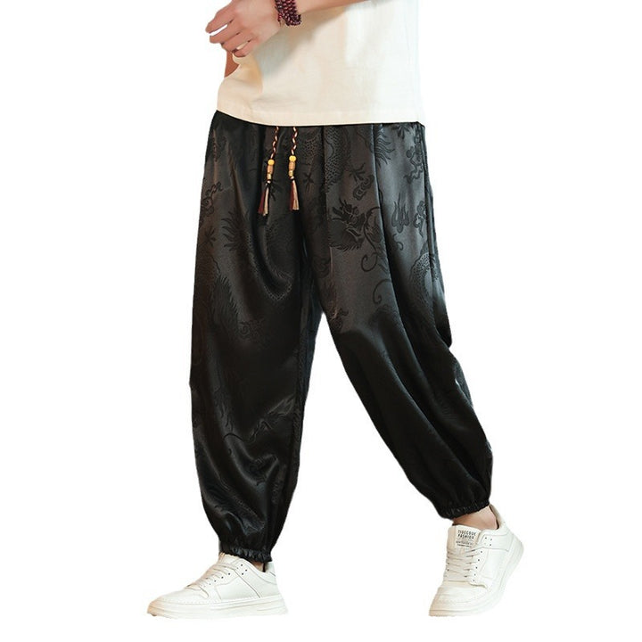 Herren nan weite Jacquard-Satin-Haremshose mit Tunnelzug, elastischen Bündchen und traditionellem Drachenmotiv Drune