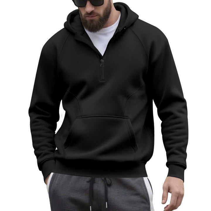 Herren nan Halbzip-Kapuzenpullover im minimalistischen Softshell-Look mit Kängurutasche und Raglanärmeln Drune