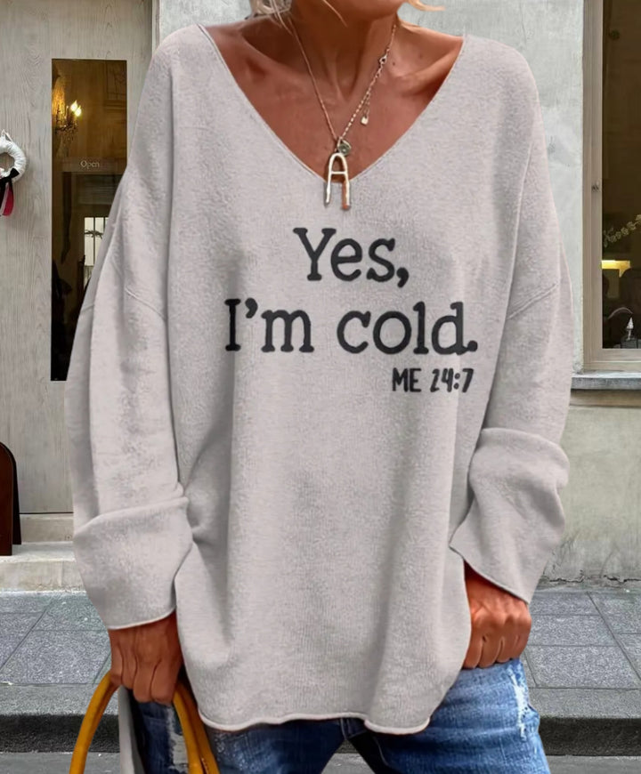 Damen Oversized Pullover mit modernem V-Ausschnitt und aufgedrucktem Statement Drune