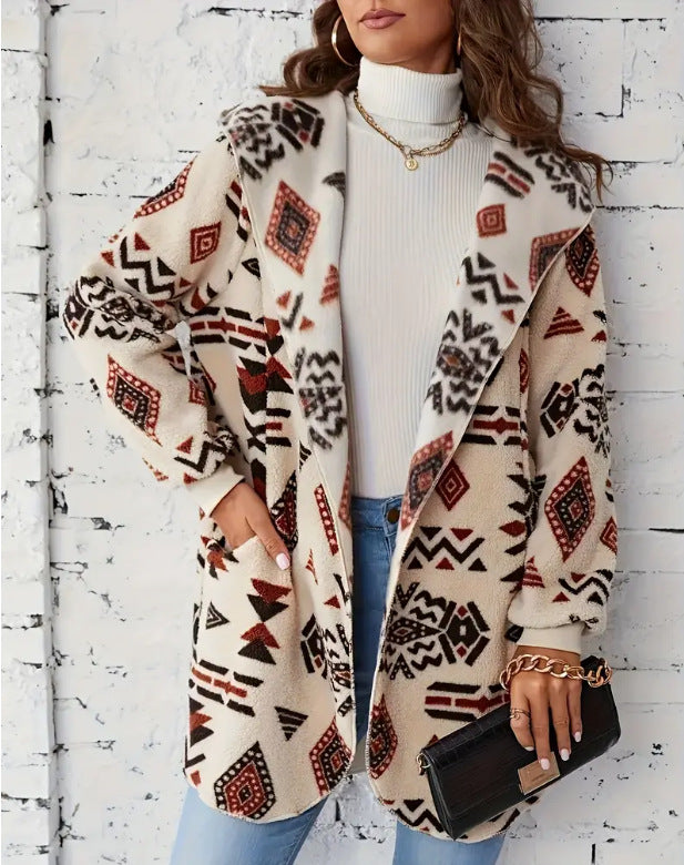 Damen Plüschjacke mit Ethno-Muster Drune