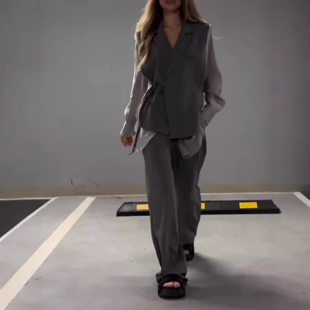 Damen elegantes Wickeljacken-Ensemble mit modischem Schnitt und praktischen Taschen Drune
