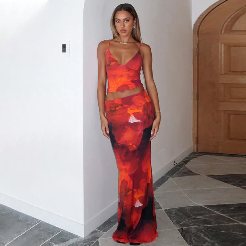 Damen Elegantes Maxikleid mit floralem Muster und Spaghetti-Trägern Drune