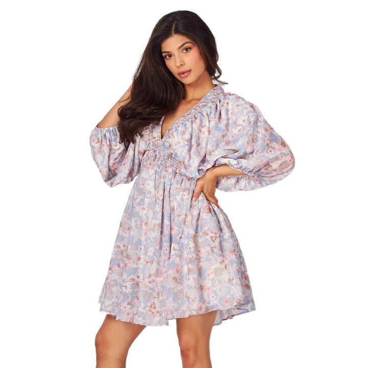 Damen leichtes Freizeitkleid mit voluminösen Ärmeln und V-Ausschnitt Drune