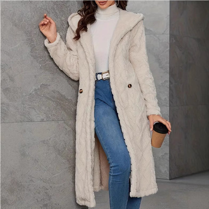 Damen Fluffy Mantel mit Kapuze und Knopfverschluss Drune