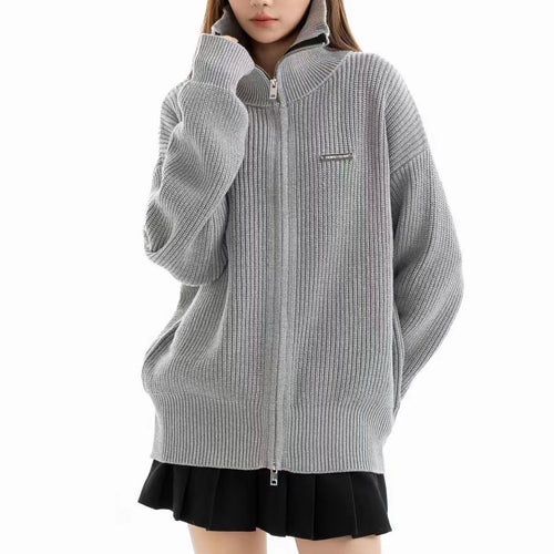 Damen Großer Strickpullover mit hohem Kragen und durchgehendem Reißverschluss Drune