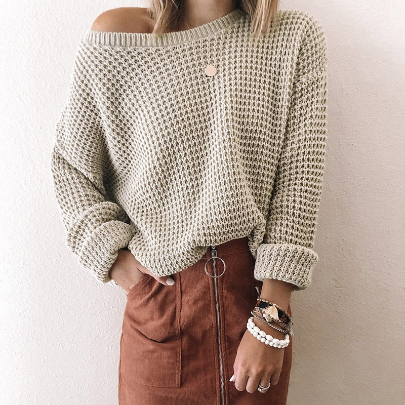 Damen lässiger Strickpullover mit weitem Schnitt und off-shoulder Design Drune