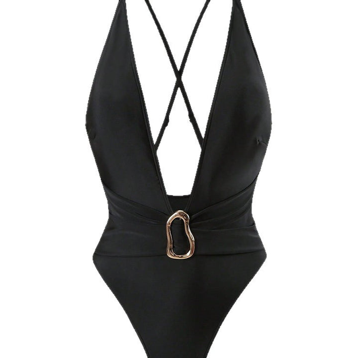 Damen Einteiler Badeanzug mit tiefem V-Ausschnitt und elegantem Gürtel Drune