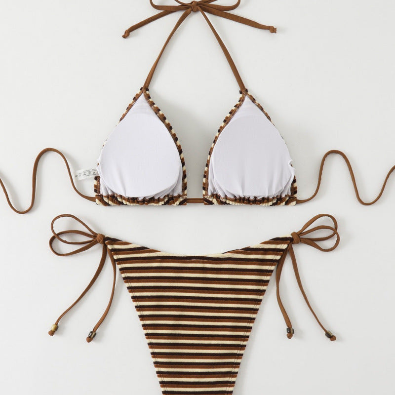 Damen Triangel-Bikini mit verstellbaren Bindebändern und verspieltem Streifenmuster Drune